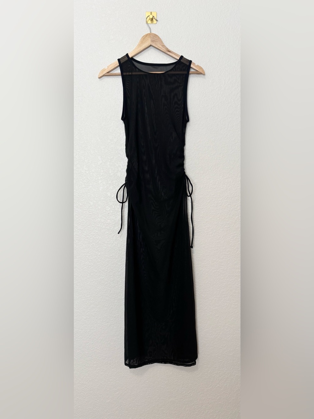 Black Sheer Mesh Ruched Side Tie Maxi Dress L Stretch Gothic Y2K